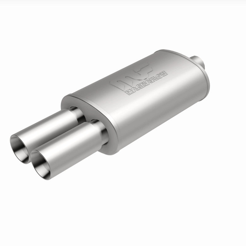 MagnaFlow stainless steel muffler with tip, 14x5x8 inches, featuring dual inlet and outlet pipes for car exhaust system.
