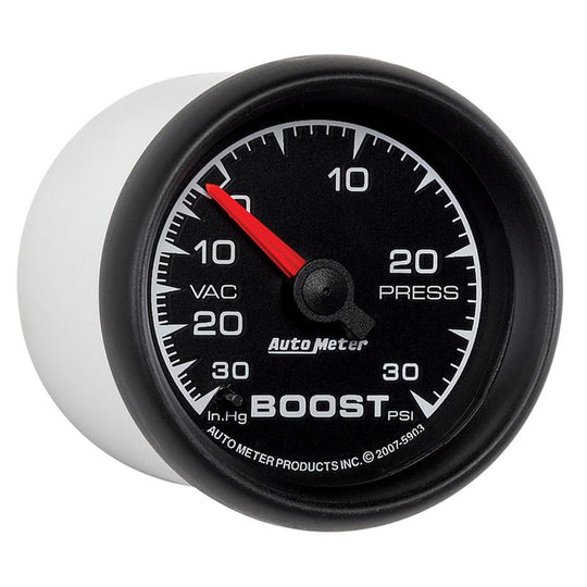 AutoMeter ES 52mm Boost and Vacuum Gauge showing dial with black face and white markings for precise engine monitoring.