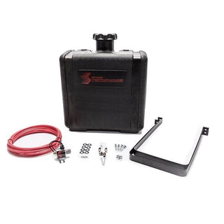 Snow Performance 7-gallon reservoir with brackets, check valve, and tubing for vehicle cooling or fluid system setup.
