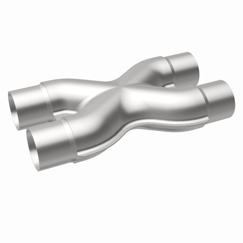 MagnaFlow Smooth Trans X 2.25/2.25 stainless steel X pipe for automotive exhaust systems, with a polished finish.