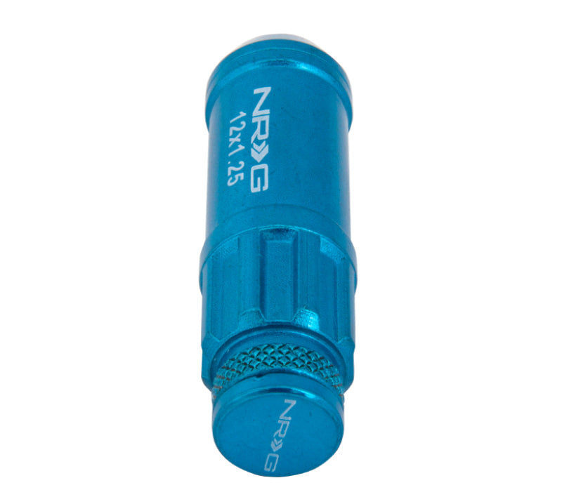 NRG 700 Series M12 X 1.25 steel lug nuts with dust cap covers, 21-piece set including locks and lock socket in blue color.