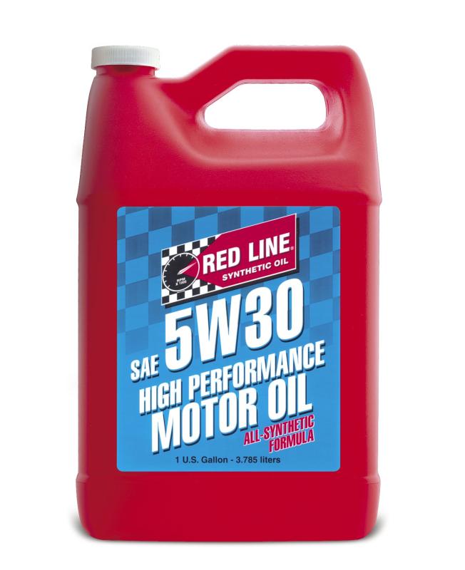 Red Line 5W30 motor oil gallon container with label, suitable for engine lubrication and vehicle maintenance.