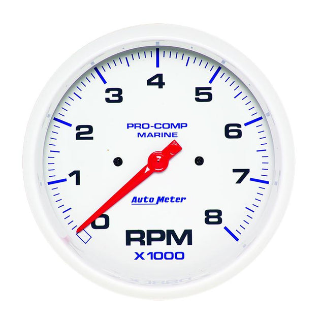 AutoMeter Marine Carbon Fiber 3-3/8 inch tachometer gauge with black dial and white markings, 8,000 RPM scale.