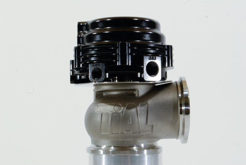 TiAL Sport MVS 38mm Wastegate in black with clamps, designed for boosting exhaust flow and controlling turbo pressure.