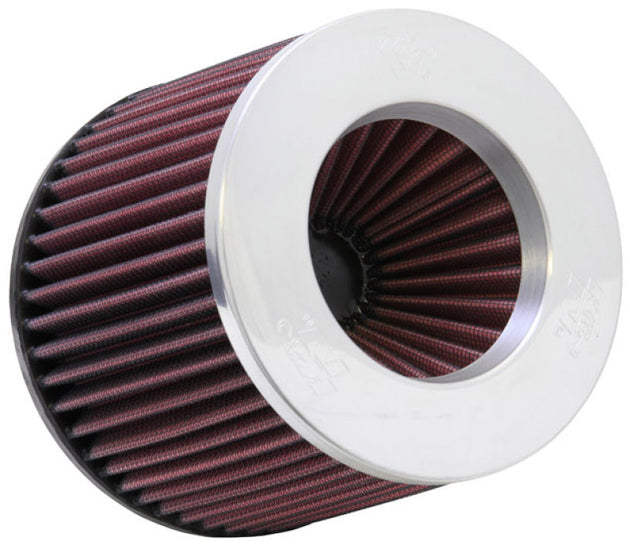 K&N Engineering universal 3-inch flange air filter with polished top, 6-inch base, 5 1/4-inch top, and 5-inch height for drop-in use