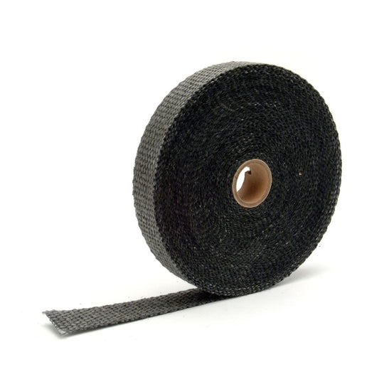Black DEI Exhaust Wrap 1-inch by 50 feet, heat-resistant wrap for exhaust pipes and headers, shown in the product image.