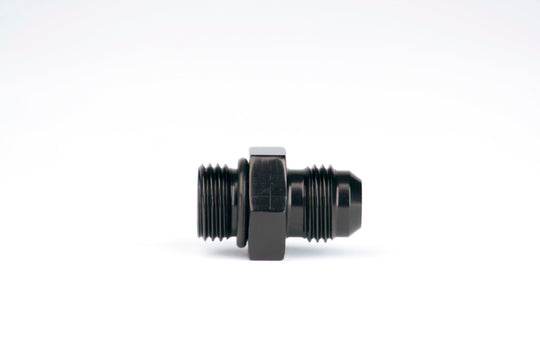 Aeromotive ORB-06 to AN-06 male flare adapter fitting for fuel lines, showing the fitting with threaded and flare ends.
