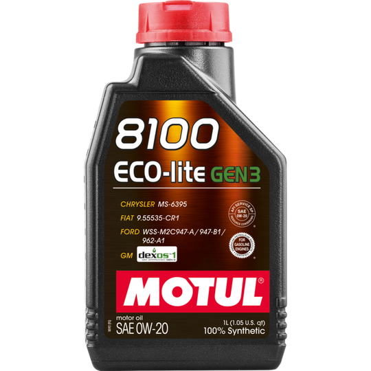 Motul 1L Synthetic Engine Oil 8100 Eco-Lite Gen3 0W20 bottle for car engine lubrication and maintenance.
