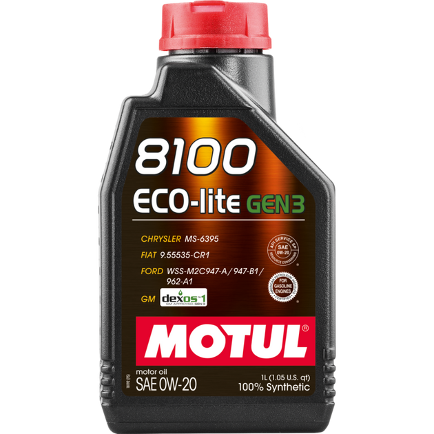 Motul 1L Synthetic Engine Oil 8100 Eco-Lite Gen3 0W20 bottle for car engine lubrication and maintenance.