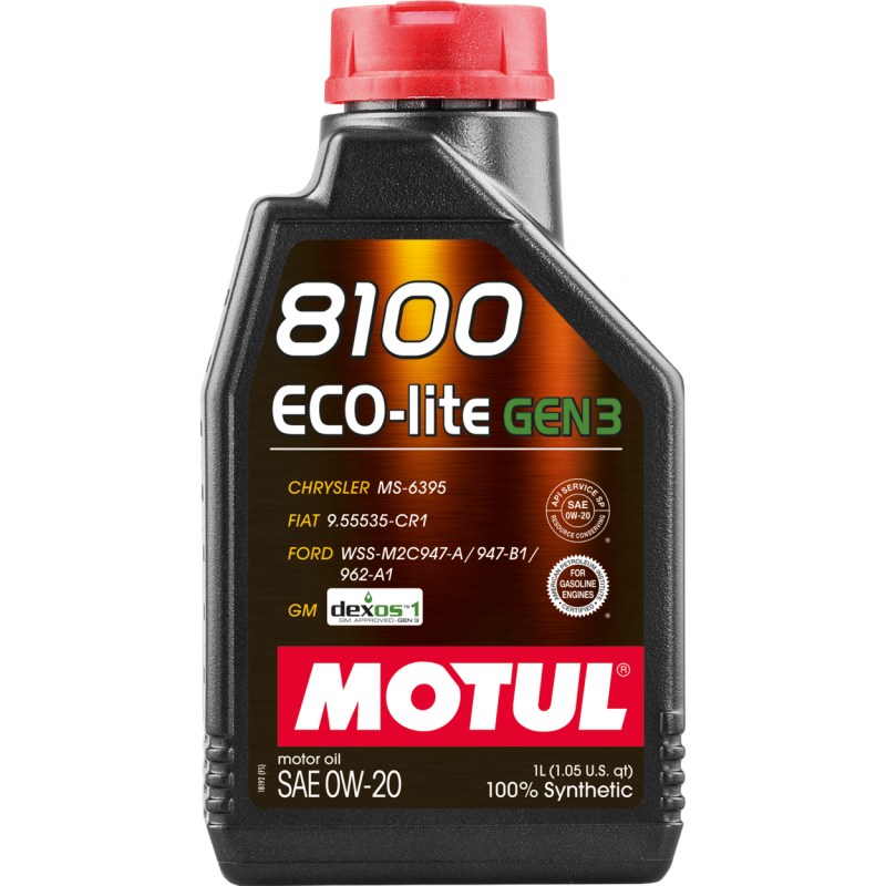 Motul 1L Synthetic Engine Oil 8100 Eco-Lite Gen3 0W20 bottle for car engine lubrication and maintenance.