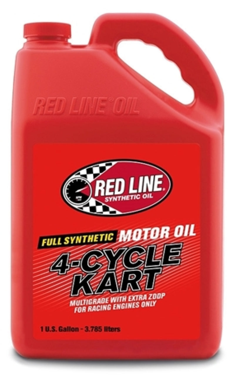 Red Line Four-Stroke Kart Oil gallon container showing the motor oil bottle and labeling.