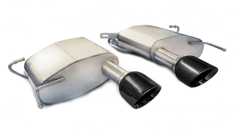Black Corsa Performance axle-back exhaust for 2011-2015 Cadillac CTS Coupe V6.2L V8 sports car, showing the polished tips and piping.