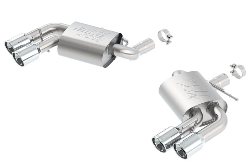 Borla axle back exhaust system for 2016 Chevy Camaro 6.2L Atak rear section without dual mode valves, metal tips and polished finish.