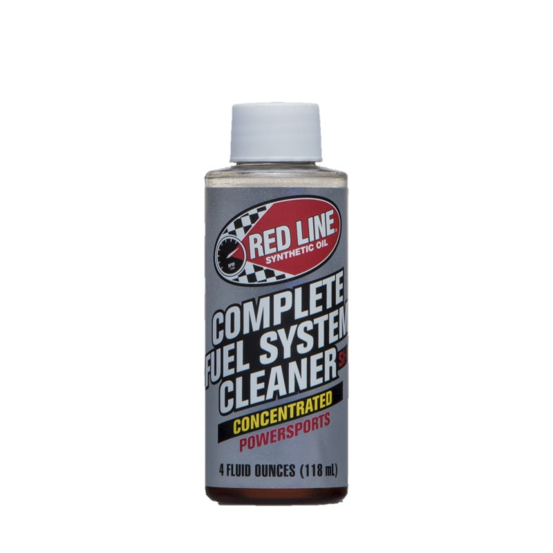 Red Line motorcycle fuel system cleaner bottle showing the 4oz additive for engine performance and fuel system maintenance.