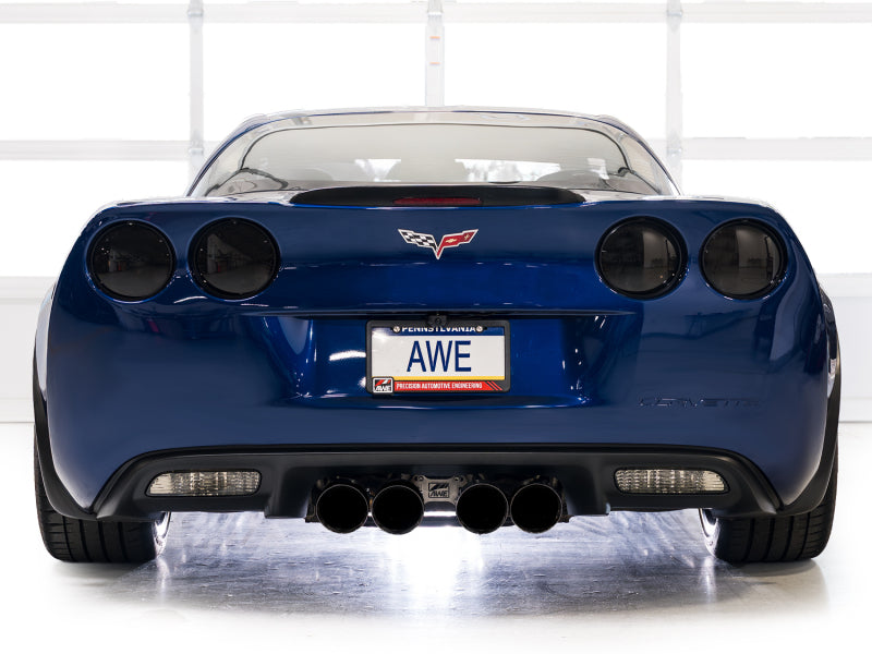 AWE Tuning Chevrolet Corvette Z06/ZR1 Touring Edition axle-back exhaust with diamond black tips on a sleek sports car.