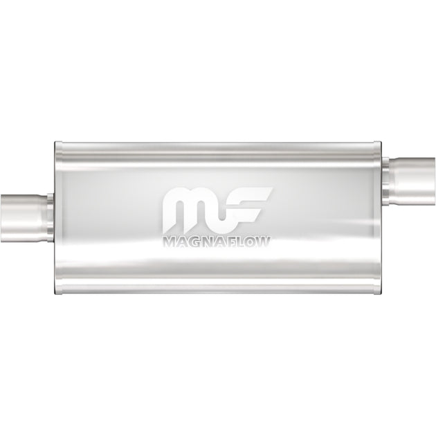 MagnaFlow Mag SS muffler with 18x5x8 inch dimensions and 3-inch outlet, featuring a sleek stainless steel design.