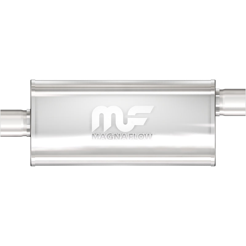 MagnaFlow Mag SS muffler with 18x5x8 inch dimensions and 3-inch outlet, featuring a sleek stainless steel design.