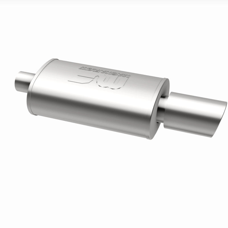 MagnaFlow muffler with tip, model RS 14X5X8, featuring dual inlet and outlet pipes, installed on a vehicle exhaust system.
