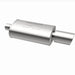 MagnaFlow muffler with tip, model RS 14X5X8, featuring dual inlet and outlet pipes, installed on a vehicle exhaust system.