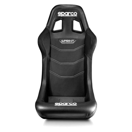 Black Sparco Sprint race seat with side bolsters and harness openings, designed for high-performance motorsport seating.