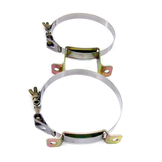 Nitrous Express stainless steel bottle brackets for 10 and 15-pound aluminum nitrous oxide bottles, designed for secure mounting.