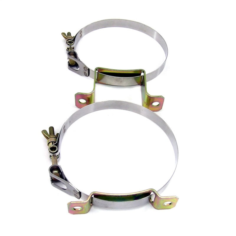 Nitrous Express stainless steel bottle brackets for 10 and 15-pound aluminum nitrous oxide bottles, designed for secure mounting.