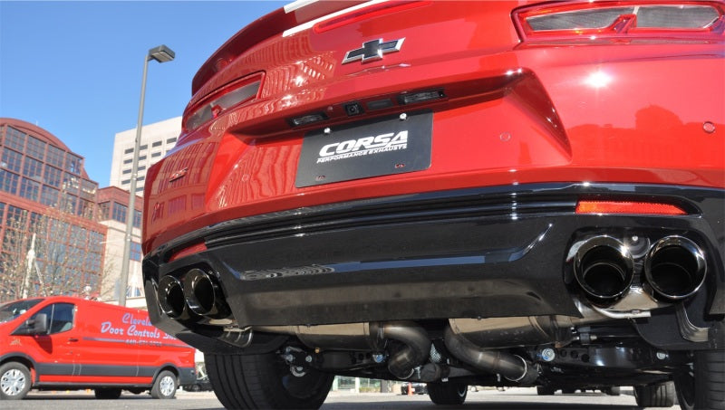 CORSA Performance Corsa 2016-24 Chevy Camaro SS 6.2L catback exhaust with dual rear exit and black PVD tips, showing the twin 4-inch tips.