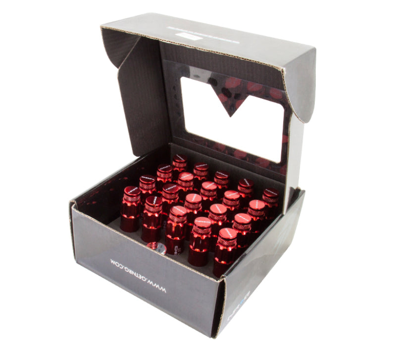 NRG 700 Series M12 x 1.5 steel lug nut set with dust cap covers, locks, and lock socket, featuring red finish for automotive wheels.