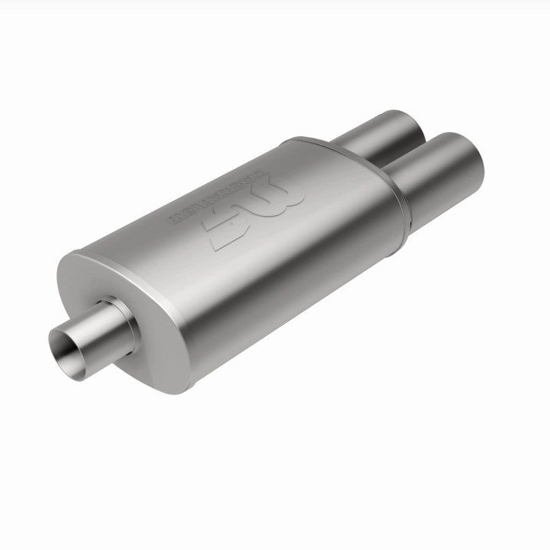 MagnaFlow stainless steel muffler with integrated tip, 14x5x8 inches, for 2.25/3 inch exhaust systems, on vehicle undercarriage.