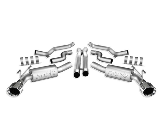Borla 2010 Camaro 6.2L V8 S-Type catback exhaust system shown, featuring polished stainless steel pipes and mufflers.