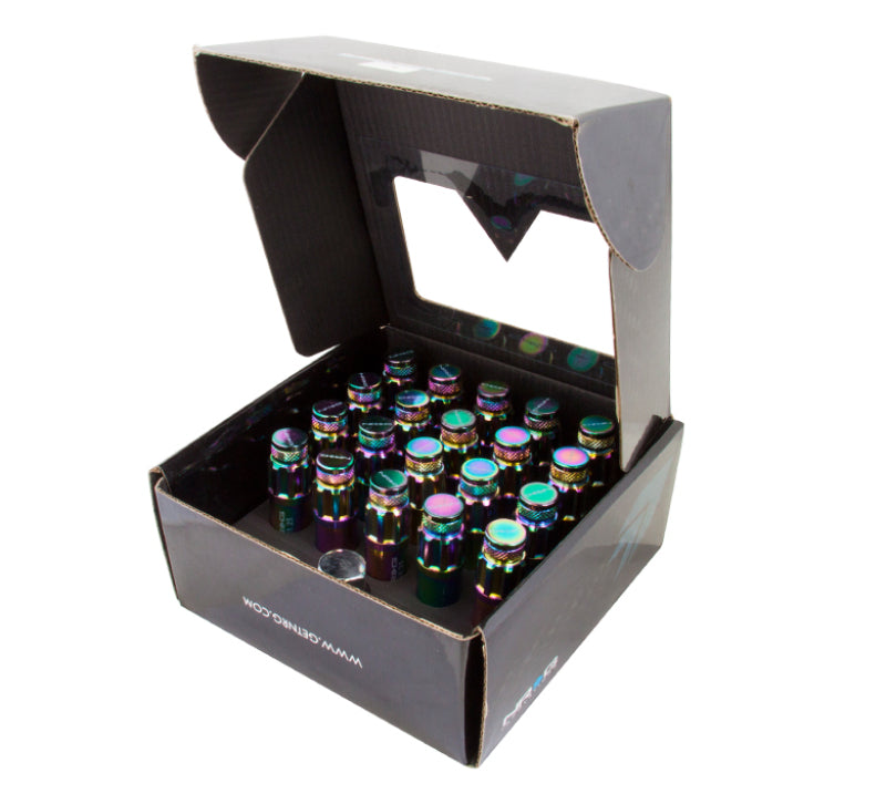 NRG 700 Series M12 x 1.25 steel lug nut set with dust cap, lock system, and lock socket in neochrome finish, includes 21 pieces.