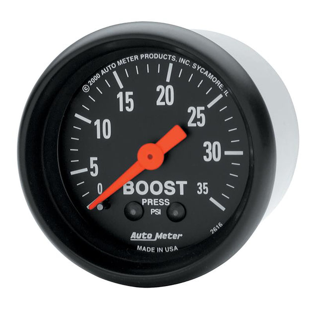 AutoMeter Z Series 52mm mechanical boost gauge displaying 0-35 PSI with clear dial and black bezel for automotive performance monitoring.