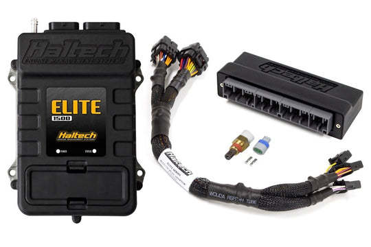 Haltech Elite 1500 adaptor harness ECU kit for programmers and tuners, with wiring and connectors visible.