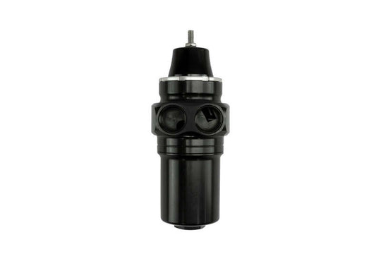 Turbosmart black canister style fuel filter with regulator, -10AN fitting, designed for fuel system filtration and regulation.