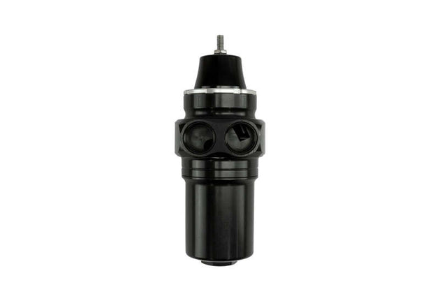 Turbosmart black canister style fuel filter with regulator, -10AN fitting, designed for fuel system filtration and regulation.