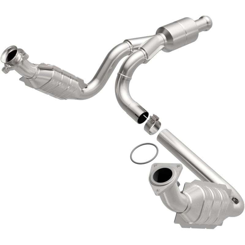MagnaFlow catalytic converter direct fit for Chevy Avalanche 2009-2013 5.3L engine, showing the metal unit with inlet and outlet pipes.