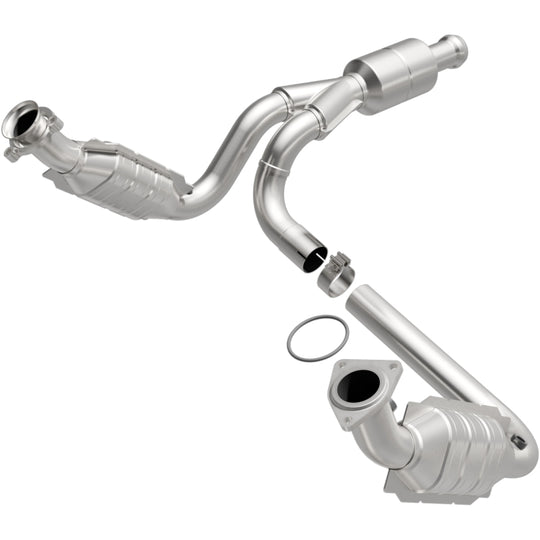 MagnaFlow catalytic converter direct fit for Chevy Avalanche 2009-2013 5.3L engine, showing the metal unit with inlet and outlet pipes.