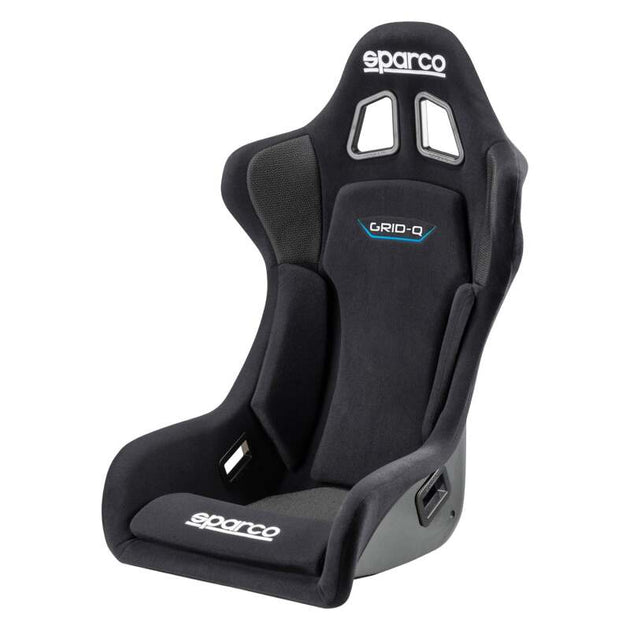 Black Sparco Seat Grid QRT race seat with racing harness slots and high-bolstered support for motorsport safety and comfort.