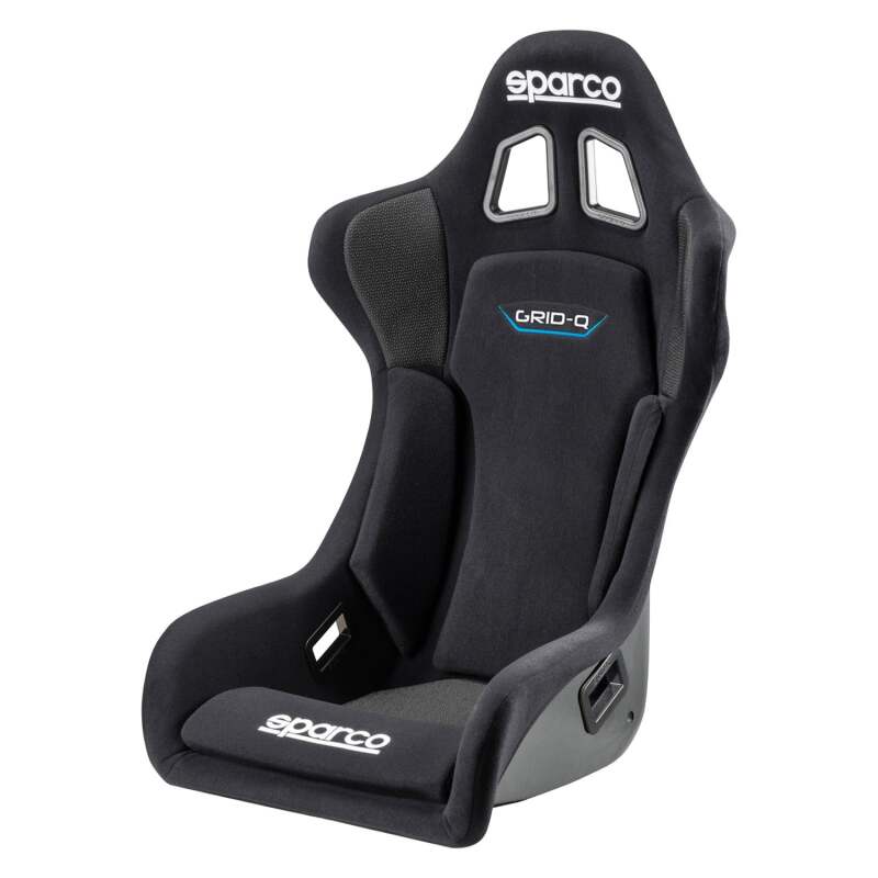 Black Sparco Seat Grid QRT race seat with racing harness slots and high-bolstered support for motorsport safety and comfort.