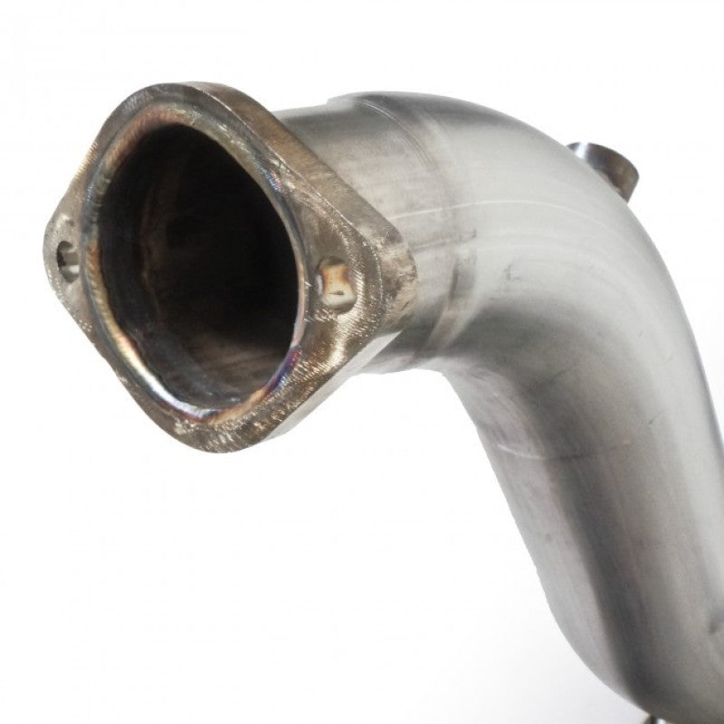 Stainless Works 2017 F-150 Raptor 3.5L downpipe with high-flow cats and factory connection, showing polished metal and connection points.