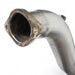 Stainless Works 2017 F-150 Raptor 3.5L downpipe with high-flow cats and factory connection, showing polished metal and connection points.