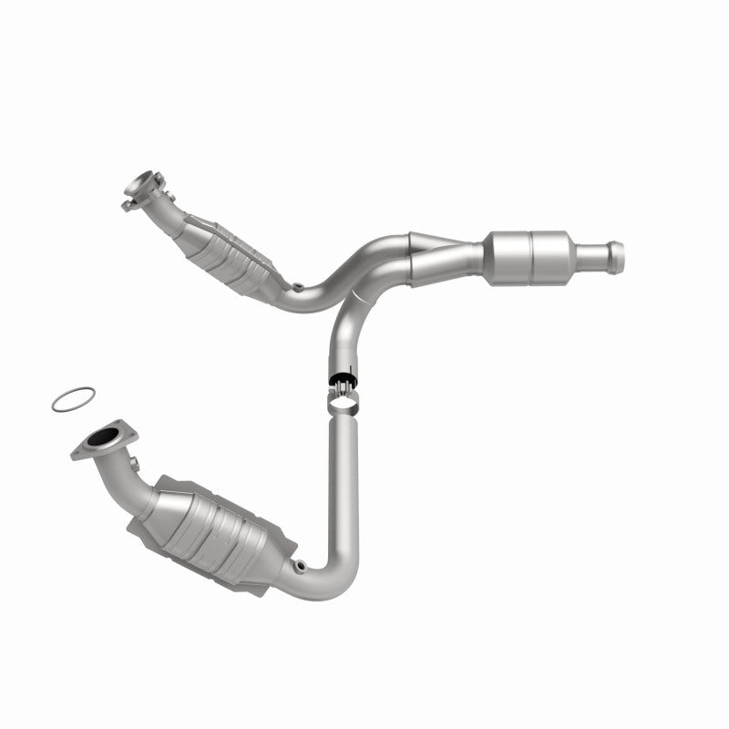 MagnaFlow direct fit catalytic converter for Chevy Avalanche 2009-2013 5.3L engine, showcasing the metal construction and inlet/outlet ports.