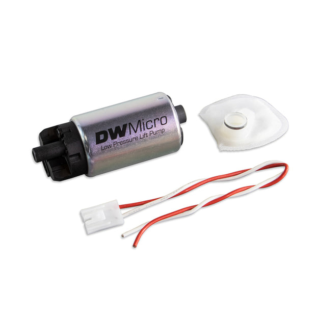 DeatschWerks DW Micro Series 210lph low pressure fuel pump for automotive fuel systems, shown in this detailed image.