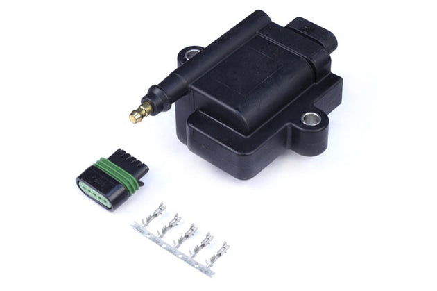Haltech High Output IGN-1A Inductive Ignition Coil with built-in ignitor, plug, and pins for upgraded ignition systems.
