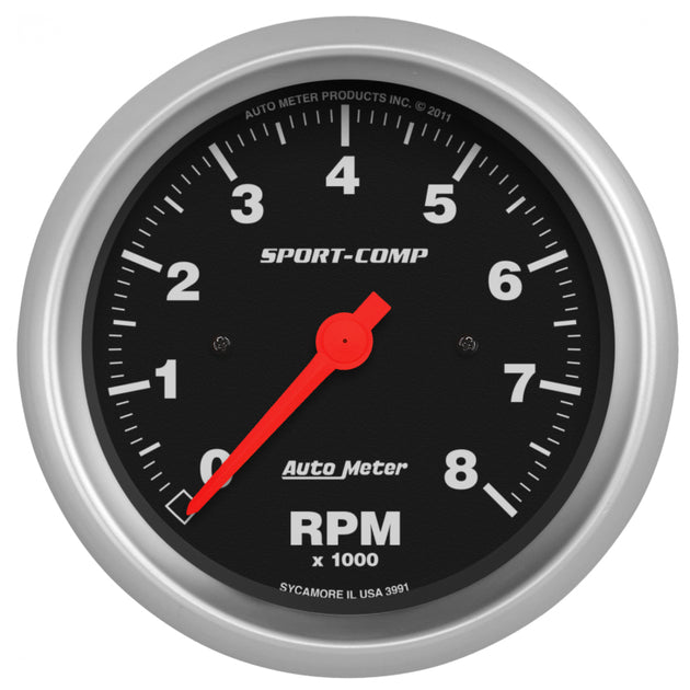 AutoMeter Sport-Comp 3-3/8 inch electronic in-dash tachometer with 8000 RPM gauge display.