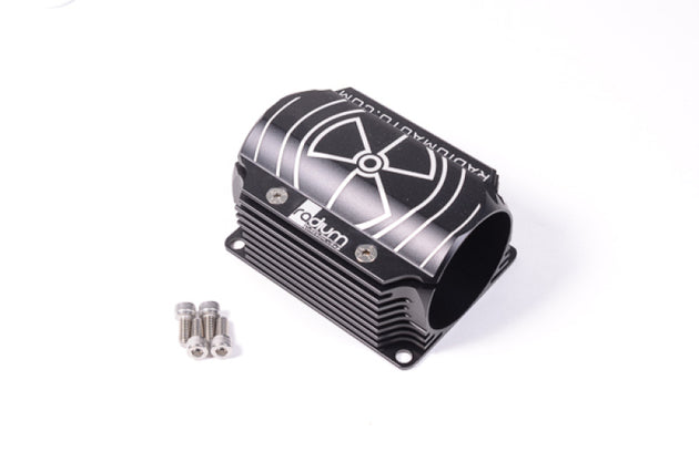 Radium Engineering fuel filter with 60mm clamp and heat exchanger, designed for automotive fuel system filtration.