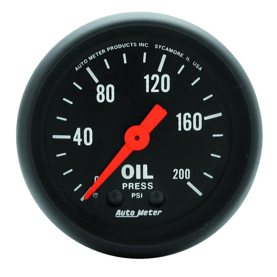 AutoMeter Z Series 52mm mechanical oil pressure gauge displaying 0-200 PSI with black dial and silver bezel.
