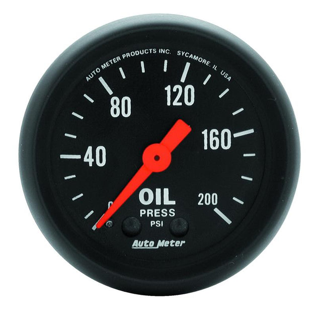 AutoMeter Z Series 52mm mechanical oil pressure gauge displaying 0-200 PSI with black dial and silver bezel.