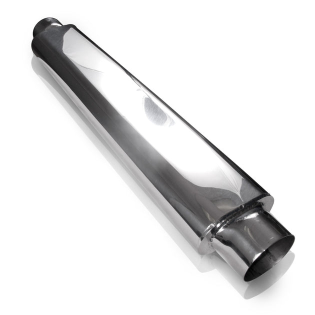 Stainless Works smooth oval muffler, 24 inches long with 2.5-inch inlet openings, designed for vehicle exhaust systems.