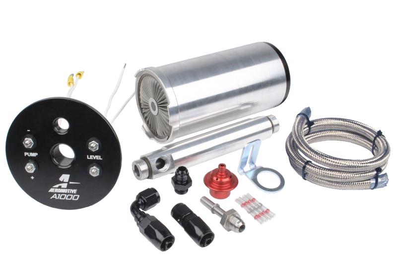 Aeromotive Phantom 450 universal fuel pump with compact design, featuring a black metal exterior and inlet/outlet connections.